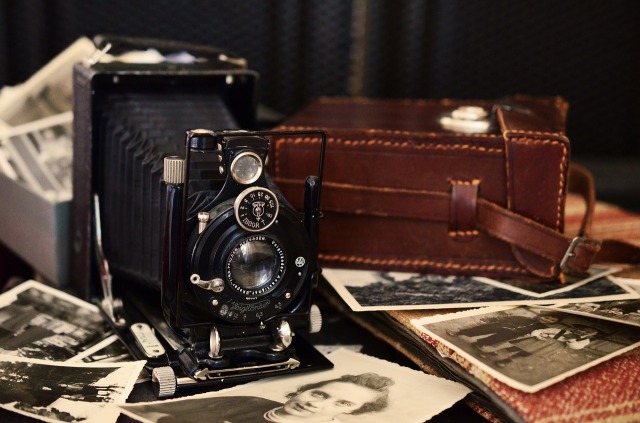 Old camera, black and white photographs